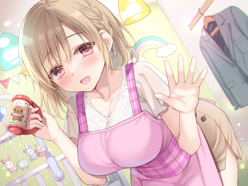 1girl :d apron blush braid breasts brown_hair brown_skirt cleavage clothes_hanger crib hair_between_eyes hand_up ikura_nagisa indoors jacket kindergarten_teacher large_breasts leaning_forward mobile open_mouth pink_apron pink_eyes rainbow rattle skirt smile solo string_of_flags unworn_jacket