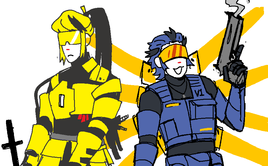 2others :3 :d armor black_bodysuit blonde_hair blue_hair blue_theme bodysuit commentary english_commentary expressionless flat_color glowing glowing_wings gun hair_slicked_back handgun head-mounted_display high_ponytail holding holding_gun holding_weapon insignia long_hair mecha_danshi mechanical_wings microsoft_paint_(medium) mspaint multicolored_hair multiple_others onewholeunit open_mouth orange_wings personification pistol ponytail sidelocks smile streaked_hair sword swordsmachine trigger_discipline turtleneck two-tone_hair ultrakill v1_(ultrakill) vest visor weapon white_background wings yellow_theme