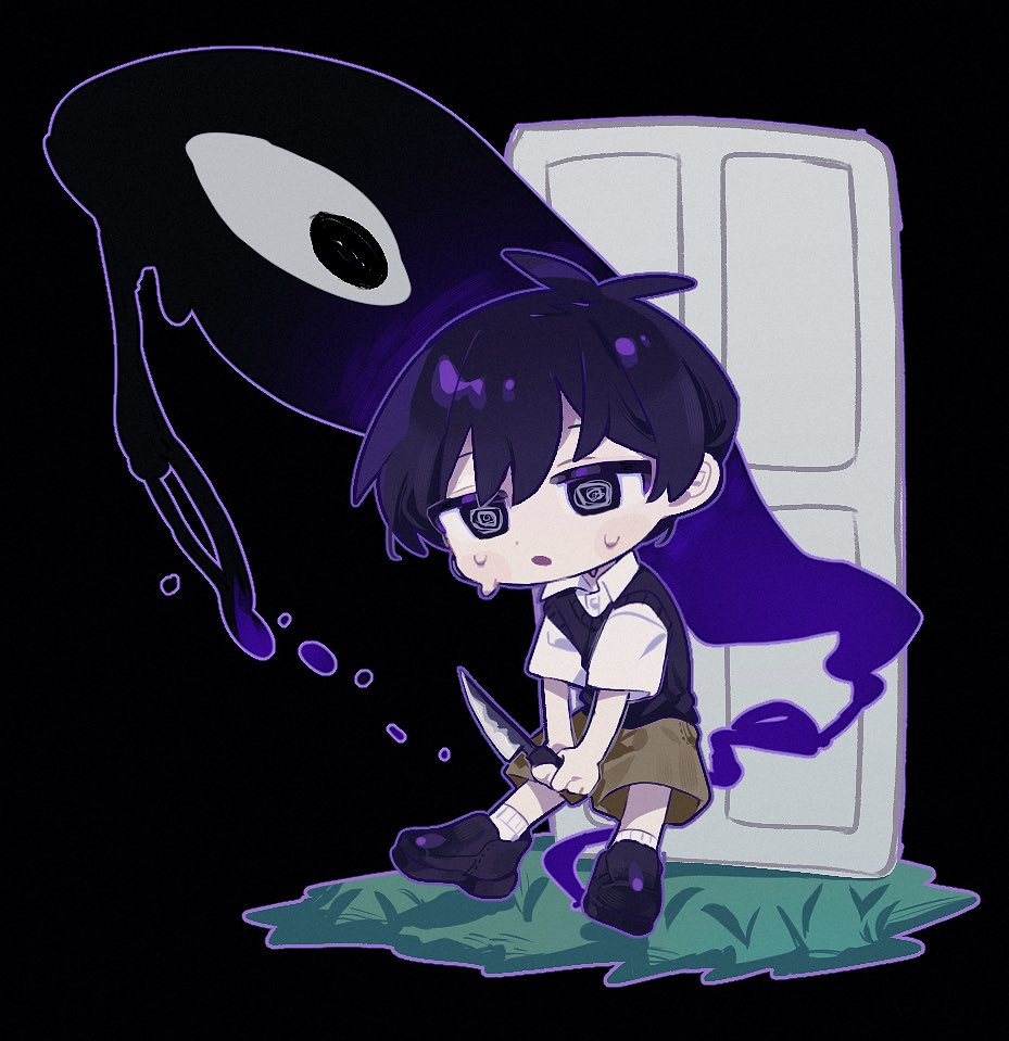 1boy @_@ antenna_hair black_eyes black_hair black_shoes black_sweater_vest brown_shorts chibi chibi_only collared_shirt crmmm91 door omori open_mouth shirt shoes short_hair short_sleeves shorts socks solo something_(omori) sunny_(omori) sweat sweater_vest white_shirt white_socks