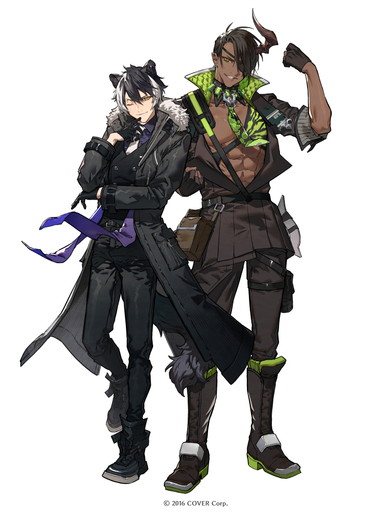 2boys aragami_oga_(1st_costume) black_hair commentary_request dark-skinned_male dark_skin full_body gloves hair_between_eyes holostars horns jacket kageyama_shien_(1st_costume) looking_at_viewer male_focus multicolored_hair multiple_boys nozaki_tsubata official_art short_hair single_horn smile standing streaked_hair virtual_youtuber white_background