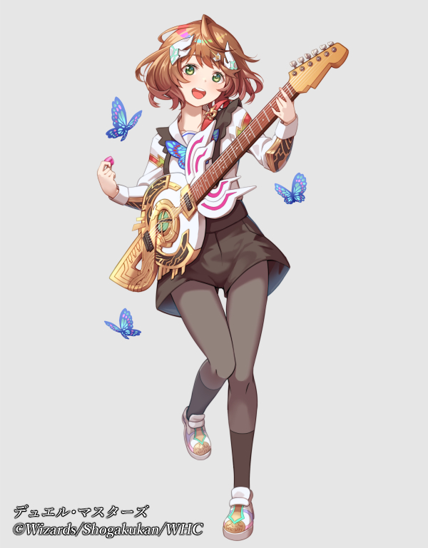 1girl anno_akira black_pantyhose black_shorts black_thighhighs brown_hair bug butterfly copyright_notice dragon_musume_ni_naritakunai! duel_masters full_body green_eyes grey_background guitar hair_ornament hairpin holding holding_guitar holding_instrument holding_plectrum i-la insect instrument long_sleeves looking_at_viewer official_art open_mouth pantyhose plectrum shirt shoes shorts simple_background solo teeth thighhighs upper_teeth_only white_shirt white_shoes