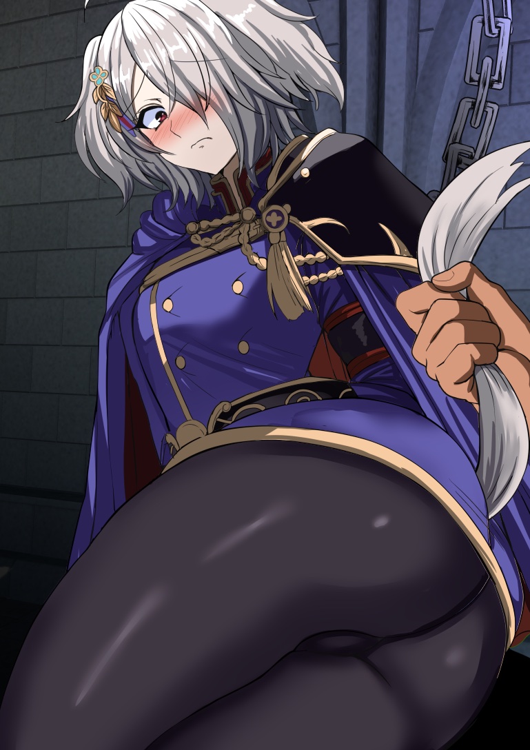 1girl androgynous animal_ears ass ass_focus blush breasts crossdressing crossdressing_(ftm) dog_ears dog_girl dog_tail embarrassed fire_emblem fire_emblem_shadows grabbing_another&#039;s_tail grey_hair hetero imminent_rape kurt_(fire_emblem) medium_breasts nintendo red_eyes restrained reverse_trap short_hair solo tail tail_grab tail_pull tara_(szzj7733) wide-eyed