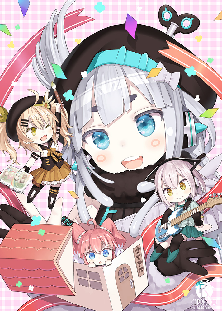 4girls :d :o ;d and_uge animal_ear_headphones animal_ears artist_name asymmetrical_legwear beret black_gloves black_headwear black_sailor_collar black_socks blonde_hair blue_eyes blush bow brown_eyes brown_skirt camomi_camomi capriccio chibi commentary_request elbow_gloves electric_guitar fake_animal_ears fingerless_gloves frilled_skirt frills gloves green_footwear green_shirt green_skirt guitar hair_between_eyes hat hat_bow headphones holding holding_instrument indie_virtual_youtuber instrument kanade_kanon kisaki_anko kneehighs mini_person minigirl multicolored_hair multiple_girls nanashi_inc. one_eye_closed open_mouth parted_lips pink_background pink_hair plaid_background pleated_skirt round_teeth sailor_collar school_uniform serafuku shirt shoes short_eyebrows short_sleeves single_kneehigh single_sock single_thighhigh skirt sleeveless sleeveless_shirt smile socks teeth thick_eyebrows thighhighs twintails two-tone_hair underbust uneven_legwear upper_teeth_only v_ap_art virtual_youtuber white_bow white_hair white_shirt