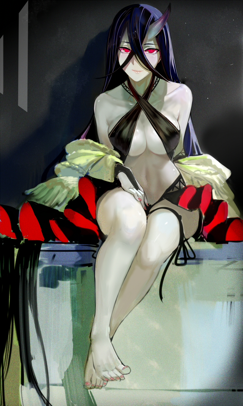 1girl abyssal_ship bare_legs barefoot battleship_water_oni bikini black_bikini black_gloves black_hair breasts bridal_gauntlets colored_skin criss-cross_halter female_focus fingerless_gloves full_body gloves halterneck highres horns kantai_collection large_breasts long_hair looking_at_viewer nail_polish navel red_eyes single_horn sitting smile solo swimsuit toenail_polish toenails very_long_hair walzrj white_skin