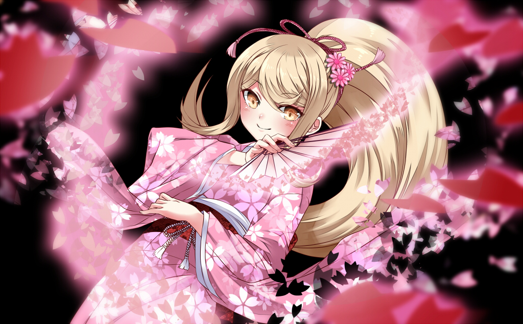 1girl black_background blonde_hair blush closed_mouth commentary_request danganronpa_(series) danganronpa_2:_goodbye_despair eyelashes flower hair_flower hair_ornament hand_fan holding holding_fan japanese_clothes kaikai kimono long_hair official_alternate_costume official_alternate_hairstyle pink_flower pink_kimono pink_petals ponytail saionji_hiyoko smile solo yellow_eyes