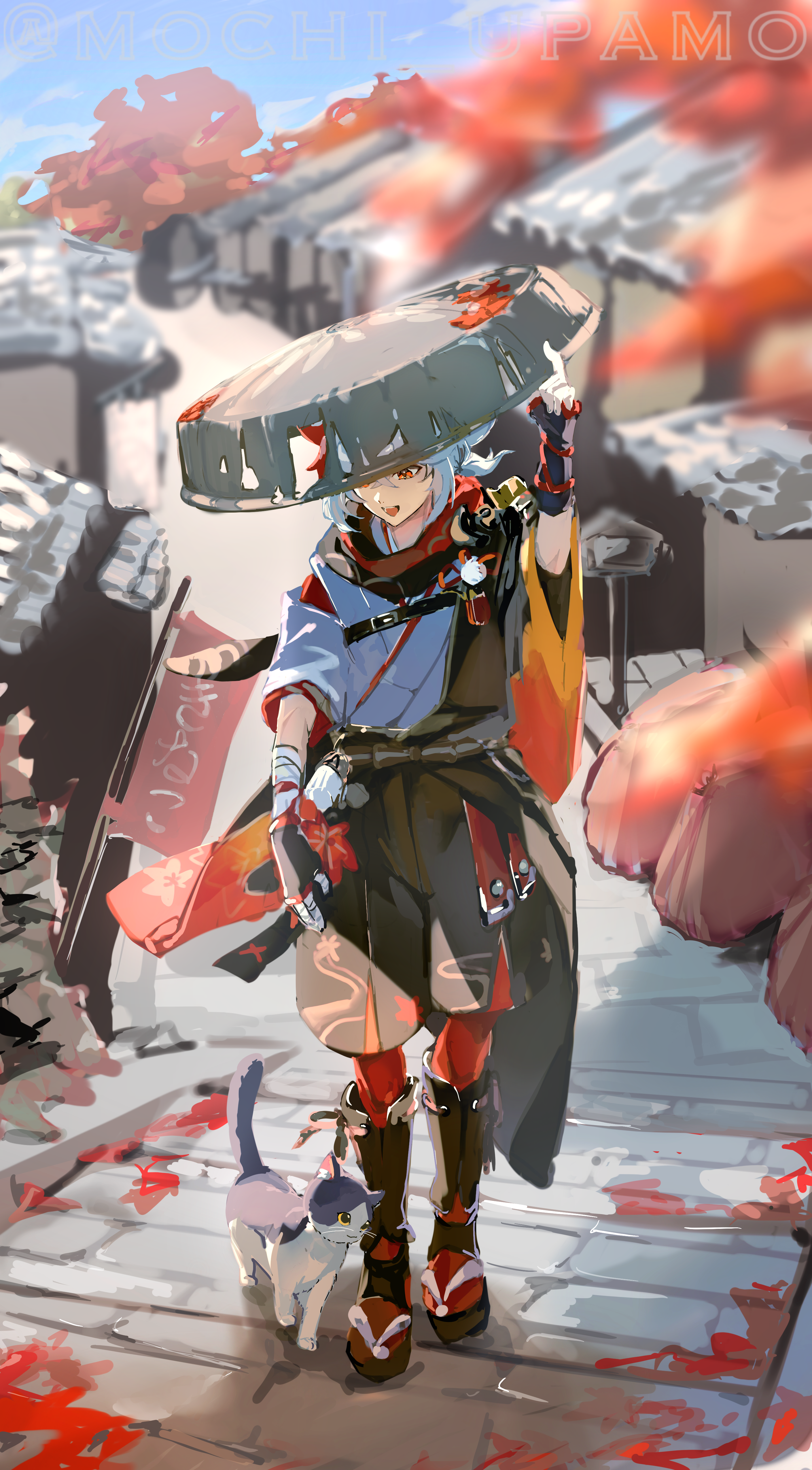 1boy absurdres armor artist_name bandaged_arm bandaged_hand bandages black_scarf blue_sky cat commentary crossed_bangs genshin_impact hakama hakama_shorts hat highres holding holding_unworn_clothes holding_unworn_hat japanese_armor japanese_clothes kaedehara_kazuha leaf leaf_print looking_down male_focus maple_leaf maple_leaf_print mochi_upamo multicolored_hair open_mouth outdoors red_eyes red_hair sandogasa scarf shorts sky standing streaked_hair tree twitter_username unworn_hat unworn_headwear watermark white_hair wide_sleeves wooden_floor