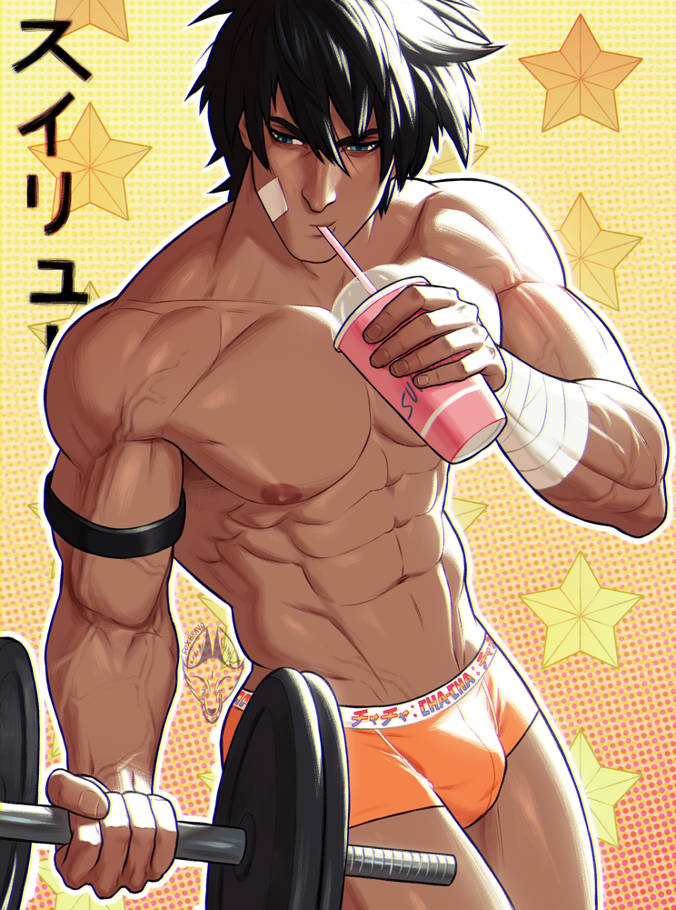 1boy abs armband bandaged_arm bandages bandaid bandaid_on_cheek bandaid_on_face bara black_hair cup dark-skinned_male dark_skin disposable_cup drinking drinking_straw dumbbell exercising fox_bravo holding holding_cup large_pectorals male_focus male_underwear muscular muscular_male navel nipples one-punch_man orange_male_underwear pectorals short_hair solo suiryuu_(one-punch_man) topless_male underwear weightlifting