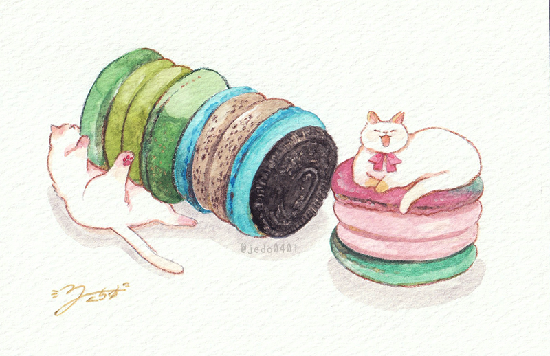 cat cookie food food_focus hakuchizu macaron no_humans on_food original simple_background undersized_animal white_background