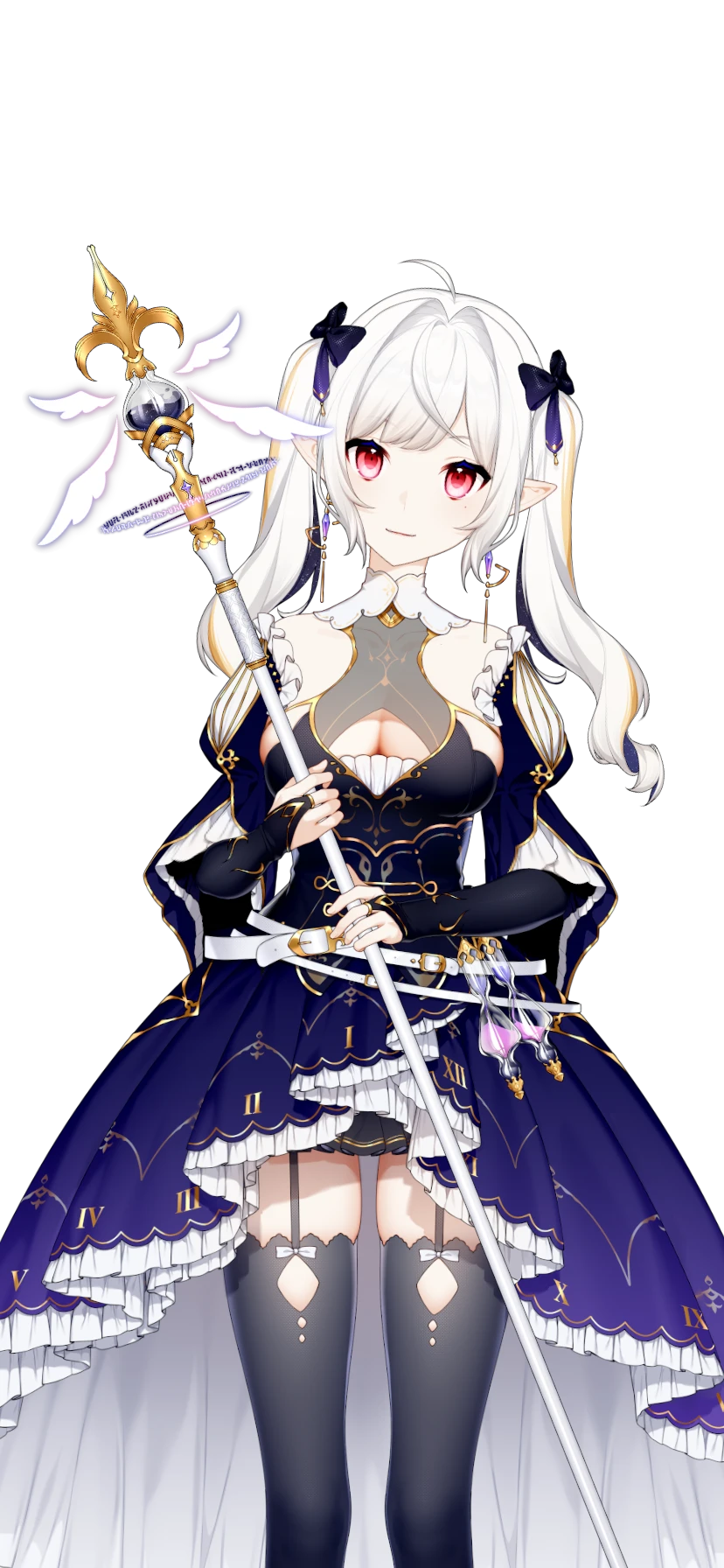 1girl ahoge black_bow black_bridal_gauntlets black_dress black_hair black_thighhighs blonde_hair bow breasts bridal_gauntlets cleavage cleavage_cutout clothing_cutout dress earrings feet_out_of_frame garter_straps hair_bow head_tilt high-low_dress high-low_skirt highres holding holding_staff jewelry long_hair medium_breasts multicolored_hair nijisanji official_art pointy_ears red_eyes rhea_(virtuareal) roman_numeral shoulder_cutout skindentation solo staff standing streaked_hair thighhighs three-quarter_sleeves twintails two-handed virtual_youtuber virtuareal white_background white_hair zettai_ryouiki