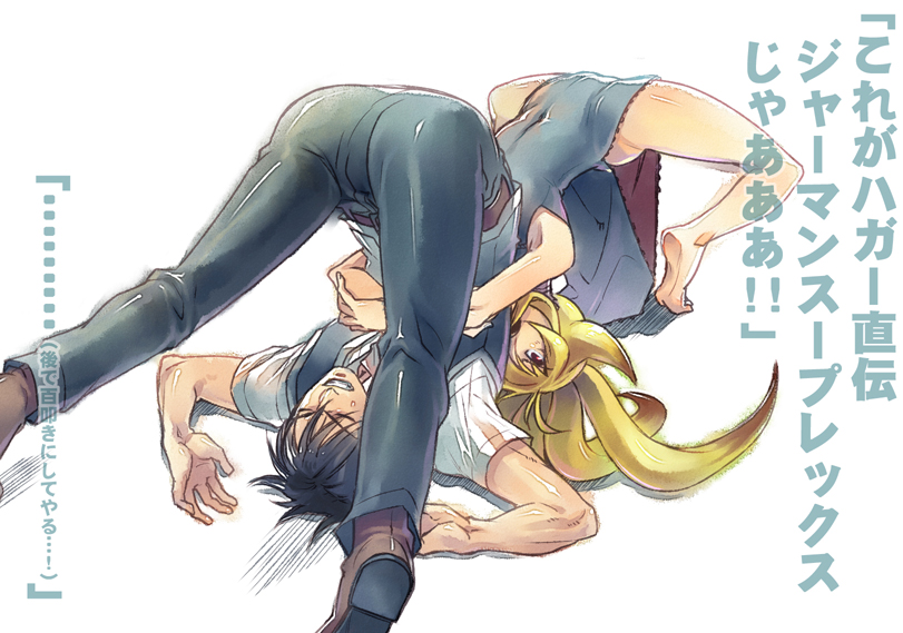 1boy 1girl arisu_reiji ass banpresto barefoot belt black_hair blonde_hair capcom china_dress chinese_clothes dress fox_tail german_suplex hpa_(foolish_factory) legs_over_head long_hair namco namco_x_capcom pain red_eyes super_robot_wars super_robot_wars_og_saga_mugen_no_frontier suplex tail translation_request upside-down xiaomu zipper