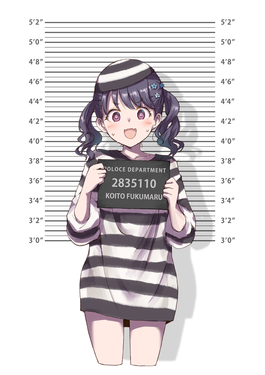 1girl @_@ black_hair blush collarbone cropped_legs english_text engrish_text fangs flower fukumaru_koito hair_flower hair_ornament height_chart height_mark highres holding holding_sign idolmaster idolmaster_shiny_colors looking_at_viewer mugshot open_mouth prison_clothes purple_eyes ranguage satomura_kyou sign skin_fangs solo sweat twintails upper_body