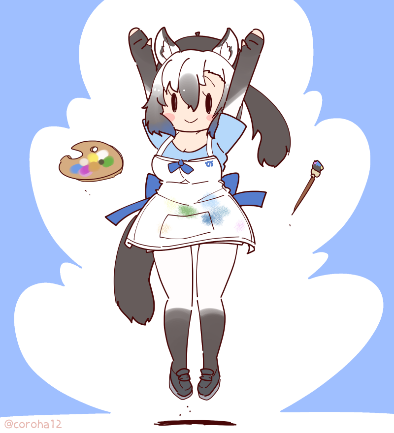 1girl animal_ears apron arms_up blue_background coroha extra_ears fingerless_gloves full_body gloves grey_hair hat horse_ears horse_girl horse_tail jumping kemono_friends kemono_friends_3 long_hair looking_at_viewer paint_palette paintbrush pantyhose ponytail ribbon shirt shoes simple_background solo tail tarpan_(kemono_friends)