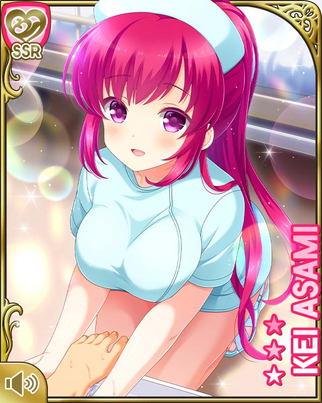 1girl :d asami_kei barefoot breasts card_(medium) character_name dress girlfriend_(kari) hallway hat hospital indoors kneeling large_breasts night nurse nurse_cap official_art open_mouth pink_eyes pink_hair qp:flapper smile solo tagme white_dress white_headwear