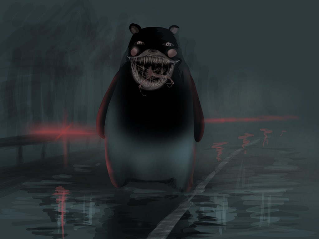 hone-hone horror_(theme) kumamon no_humans open_mouth simple_background tagme teeth