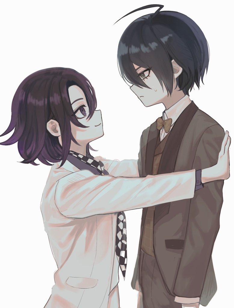 2boys ahoge black_hair brown_eyes brown_jacket brown_pants checkered_neckerchief danganronpa_(series) danganronpa_10th_anniversary_costume danganronpa_v3:_killing_harmony flipped_hair from_side hair_between_eyes jacket male_focus multiple_boys neckerchief nuns197 official_alternate_costume oma_kokichi open_clothes open_jacket pants saihara_shuichi short_hair simple_background sweatdrop white_background white_jacket