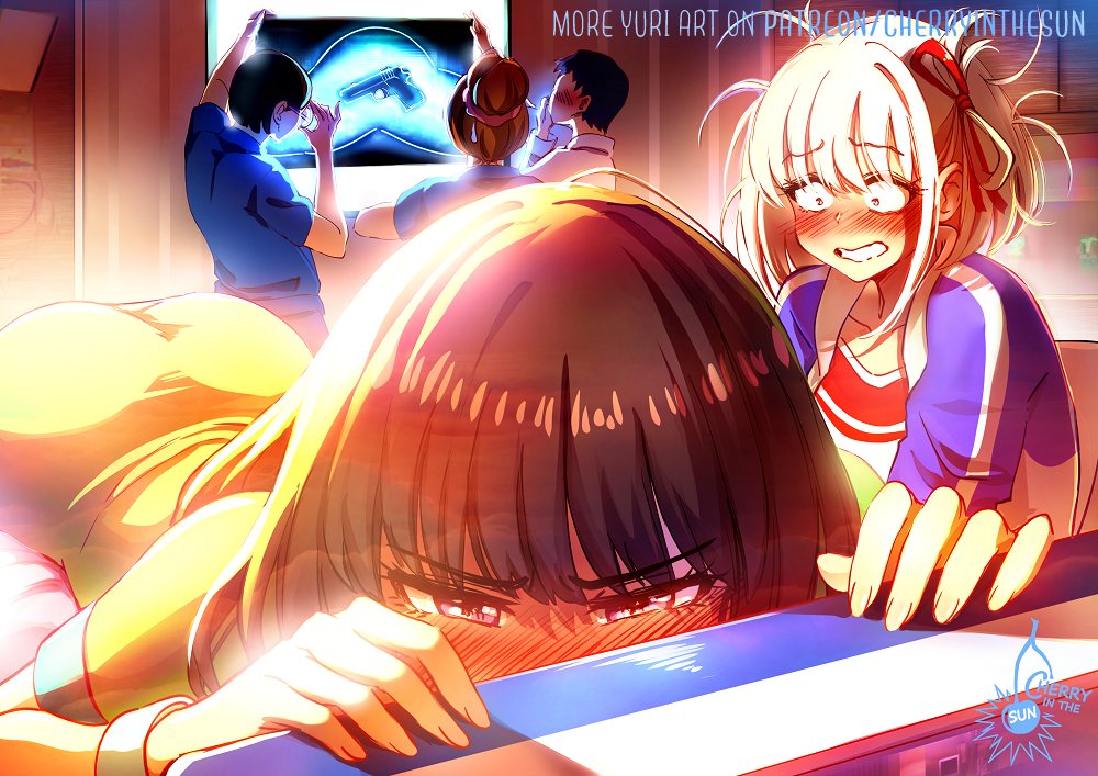2boys 3girls black_hair blonde_hair blue_jacket blush bow brown_hair cherry_in_the_sun clenched_teeth collared_shirt doctor full-face_blush gun hair_bow hair_bun handgun inoue_takina jacket lycoris_recoil lying multiple_boys multiple_girls nishikigi_chisato on_stomach patreon_username purple_eyes red_bow red_eyes shirt short_hair striped_clothes striped_shirt teeth twitter_username weapon white_shirt x-ray yuri