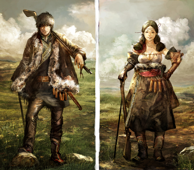 1boy 1girl anesaki_dynamic belt boots braid breasts brown_hair cleavage cloud fantasy field fur gloom_(expression) gloves grass gun hairband landscape large_breasts musket original plump realistic skirt sky twintails weapon