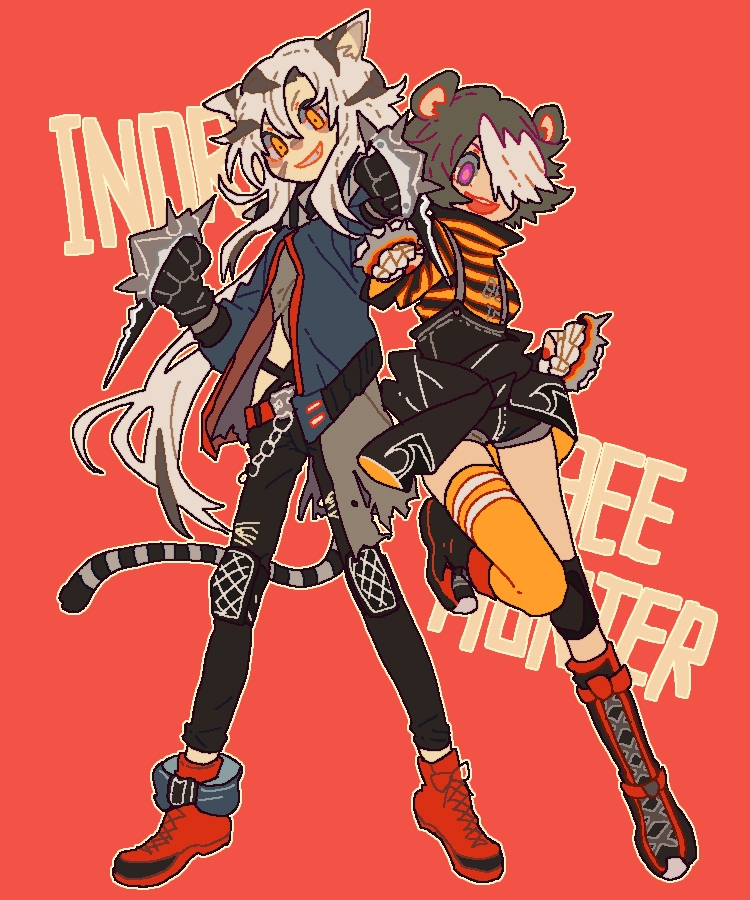 2girls animal_ears arknights bear_ears bear_girl beehunter_(arknights) beehunter_(elite_ii)_(arknights) black_gloves black_pants black_skirt blue_jacket boots bow braid brass_knuckles brown_hair facial_mark full_body gloves hair_between_eyes hair_over_one_eye indra_(arknights) jacket jaggy_lines knee_pads leg_up long_hair multicolored_hair multiple_girls one_eye_covered open_clothes open_jacket orange_eyes orange_thighhighs pants purple_eyes red_bow red_footwear shirt shoes short_hair simple_background single_braid single_knee_pad skirt standing standing_on_one_leg streaked_hair striped_clothes striped_shirt suspender_skirt suspenders tail thighhighs thurim6 tiger_ears tiger_girl tiger_tail very_long_hair weapon white_hair