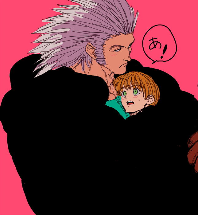 2boys bara black_jacket blonde_hair blush closed_mouth couple face_to_pecs facial_hair green_eyes hanba_guyokota hug hunter_x_hunter jacket looking_to_the_side looking_up male_focus medium_hair multiple_boys muscular muscular_male mutton_chops open_mouth pectoral_cleavage pectorals pink_background shalnark short_hair simple_background size_difference speech_bubble spiked_hair surprised sweatdrop translated upper_body uvogin wide-eyed yaoi