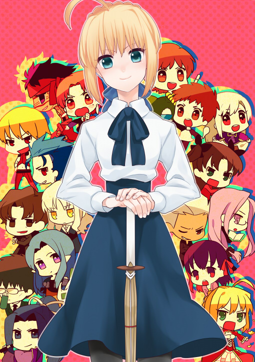 6+boys 6+girls ahoge angra_mainyu_(fate) archer_(fate) artoria_pendragon_(fate) bazett_fraga_mcremitz blonde_hair blue_eyes caren_hortensia casual chibi cu_chulainn_(fate) cu_chulainn_(fate/stay_night) dress emiya_shirou fate/hollow_ataraxia fate/stay_night fate_(series) fujimura_taiga gilgamesh_(fate) gum_(gmng) gumidemo_kandero hair_ribbon hands_on_hilt illyasviel_von_einzbern kotomine_kirei kuzuki_souichirou matou_sakura medea_(caster)_(fate) medea_(fate) medusa_(fate) medusa_(rider)_(fate) multiple_boys multiple_girls nero_claudius_(fate) nero_claudius_(fate/extra) pantyhose ribbon saber_(fate) sasaki_kojirou_(fate) shinai square_pupils sword tohsaka_rin weapon