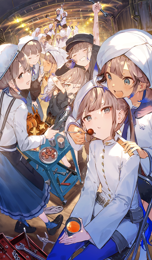 3girls 6+boys :t androgynous apron arm_above_head baker_nemo_(fate) beret black_apron black_hat black_shirt black_shoes black_shorts blue_bow blue_dress blue_eyes blue_hair blue_pantyhose blue_sailor_collar blue_skirt blue_socks blunt_bangs bow bread brown_hair buttons captain_nemo_(fate) captain_nemo_(first_ascension)_(fate) chef_hat clone closed_eyes closed_mouth commentary cup dark-skinned_male dark_skin dirty dirty_face dress drink engineer_nemo_(fate) fate/grand_order fate_(series) feeding fisheye food glasses gradient_hair hair_bow hair_ribbon hammer happy hat hat_feather holding holding_cup holding_tongs holding_utensil holding_wrench hotosoka_(user_nxja5583) jacket ladder long_hair long_sleeves low_twintails marine_nemo_(fate) military_uniform multicolored_hair multiple_boys multiple_girls multiple_persona naval_uniform nemo_(fate) nurse_cap nurse_nemo_(fate) official_art on_ladder one_eye_closed open_mouth pantyhose peaked_cap pinstripe_pattern pinstripe_shirt plate pliers professor_nemo_(fate) ribbon round_eyewear sailor_collar screwdriver serving_cart shirt shoes short_twintails shorts sidelocks skirt sleeves_past_fingers sleeves_past_wrists sleeves_rolled_up smile socks teeth third-party_source tongs toolbox turban twintails very_long_hair white_hat white_jacket white_shirt wrench