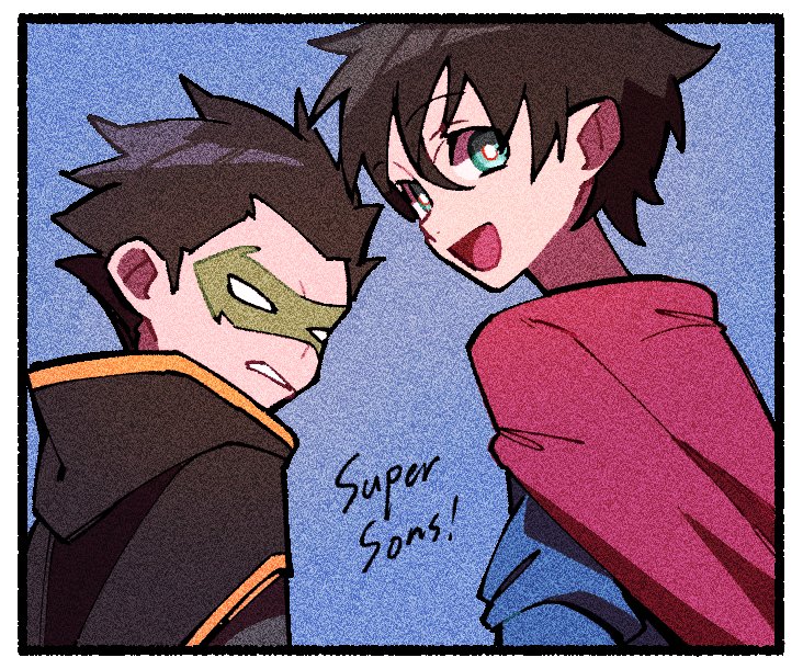 2boys :d black_cape black_hair blue_background blue_shirt border cape clenched_teeth damian_wayne dc_comics domino_mask green_mask jonathan_kent long_hair long_sleeves looking_at_viewer mask multiple_boys nploser open_mouth red_cape robin_(dc) shirt simple_background smile super_sons superboy teeth white_border