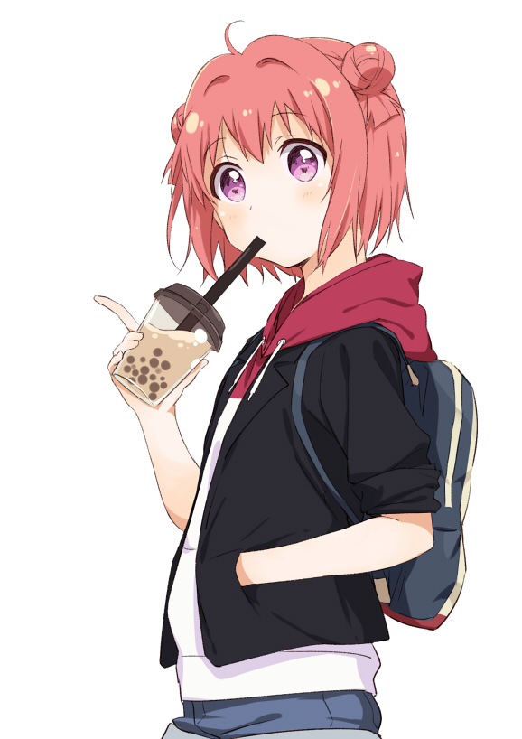 1girl akaza_akari backpack bag blue_shorts bubble_tea casual commentary denim denim_shorts double_bun drawstring drinking drinking_straw female_focus from_side hair_bun hand_in_pocket holding hood hood_down hoodie looking_at_viewer pink_hair purple_eyes shikou_sakugo_(qqap9gt9k) shirt short_hair short_shorts shorts simple_background solo standing white_background white_shirt yuruyuri