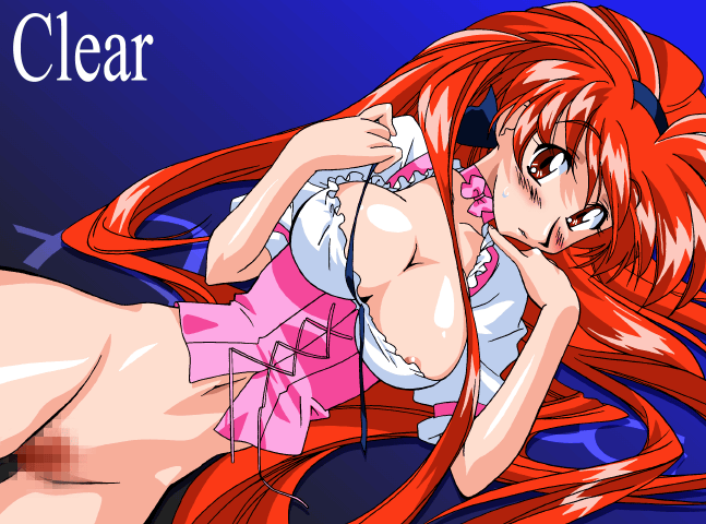 anna_miller blue_background blush bottomless breasts censored choker cleavage female_pubic_hair high_ponytail honjoji_akira kimura_takahiro large_breasts long_hair mosaic_censoring nude official_art photoshop_(medium) ponytail pubic_hair red_eyes red_hair ribbon shiny_skin short_sleeves sogna underbust very_long_hair viper_(series) waitress