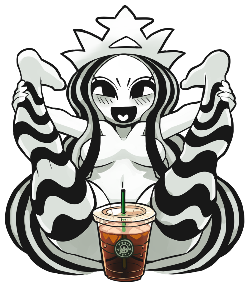 1girl blush censored censored_nipples coffee commentary contortion convenient_censoring crown cup disposable_coffee_cup disposable_cup drinking_straw flexible gashi-gashi greyscale hair_censor hair_over_breasts holding_legs iced_coffee long_hair monochrome navel novelty_censor nude open_mouth product_girl sitting smile solo spread_legs starbucks starbucks_siren stb-chan thighhighs wavy_hair