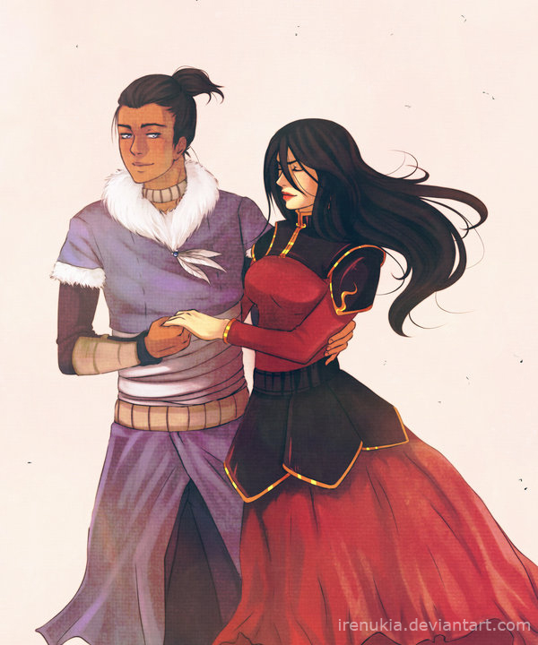 1boy 1girl aged_up alternate_costume artist_name avatar:_the_last_airbender avatar_legends azula black_hair blue_eyes closed_eyes closed_mouth commentary commission deviantart_username dress english_commentary holding_hands irenukia jewelry lips lipstick long_hair long_sleeves makeup necklace ponytail red_dress short_hair smile sokka watermark web_address