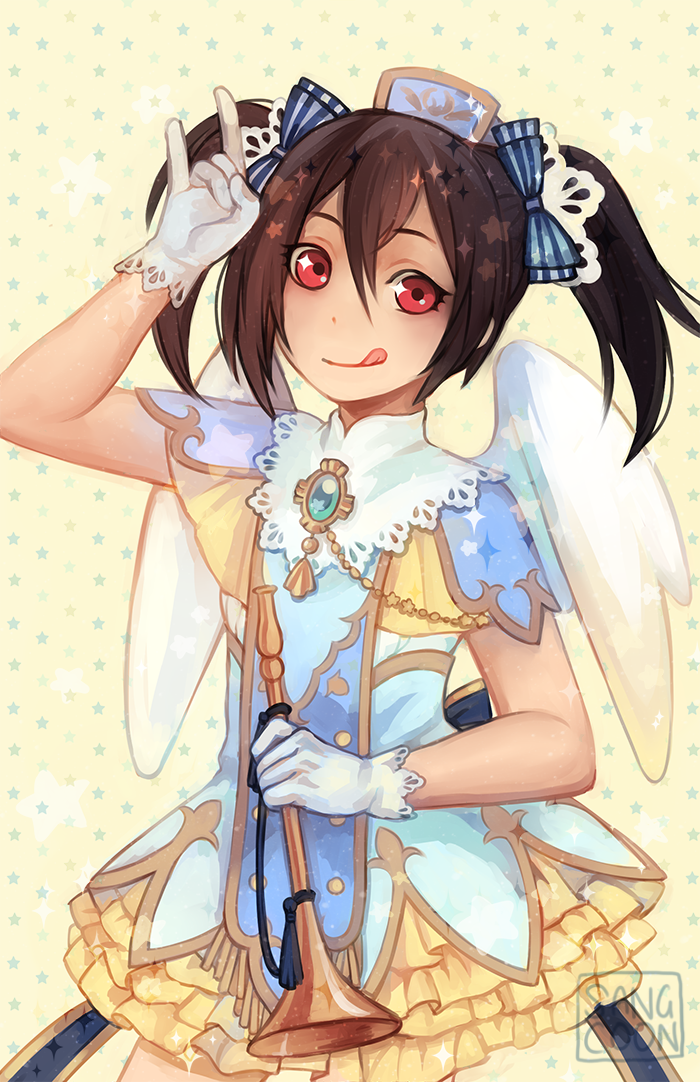 10s 1girl angel_wings artist_name brown_hair dress female_focus frilled_dress frills gem gloves hair_ribbon horn_(instrument) love_live! love_live!_school_idol_festival love_live!_school_idol_project m/ red_eyes ribbon sangcoon signature smile solo star_(symbol) star_symbol_background tiara tongue tongue_out twintails white_gloves wings yazawa_nico