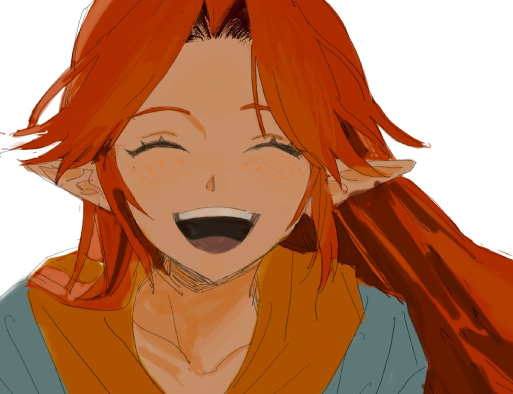 1girl close-up closed_eyes hair_intakes hat_babo long_hair looking_at_viewer malon neckerchief nintendo open_mouth orange_hair pointy_ears portrait shirt simple_background sketch smile solo the_legend_of_zelda the_legend_of_zelda:_ocarina_of_time white_background white_shirt yellow_neckerchief