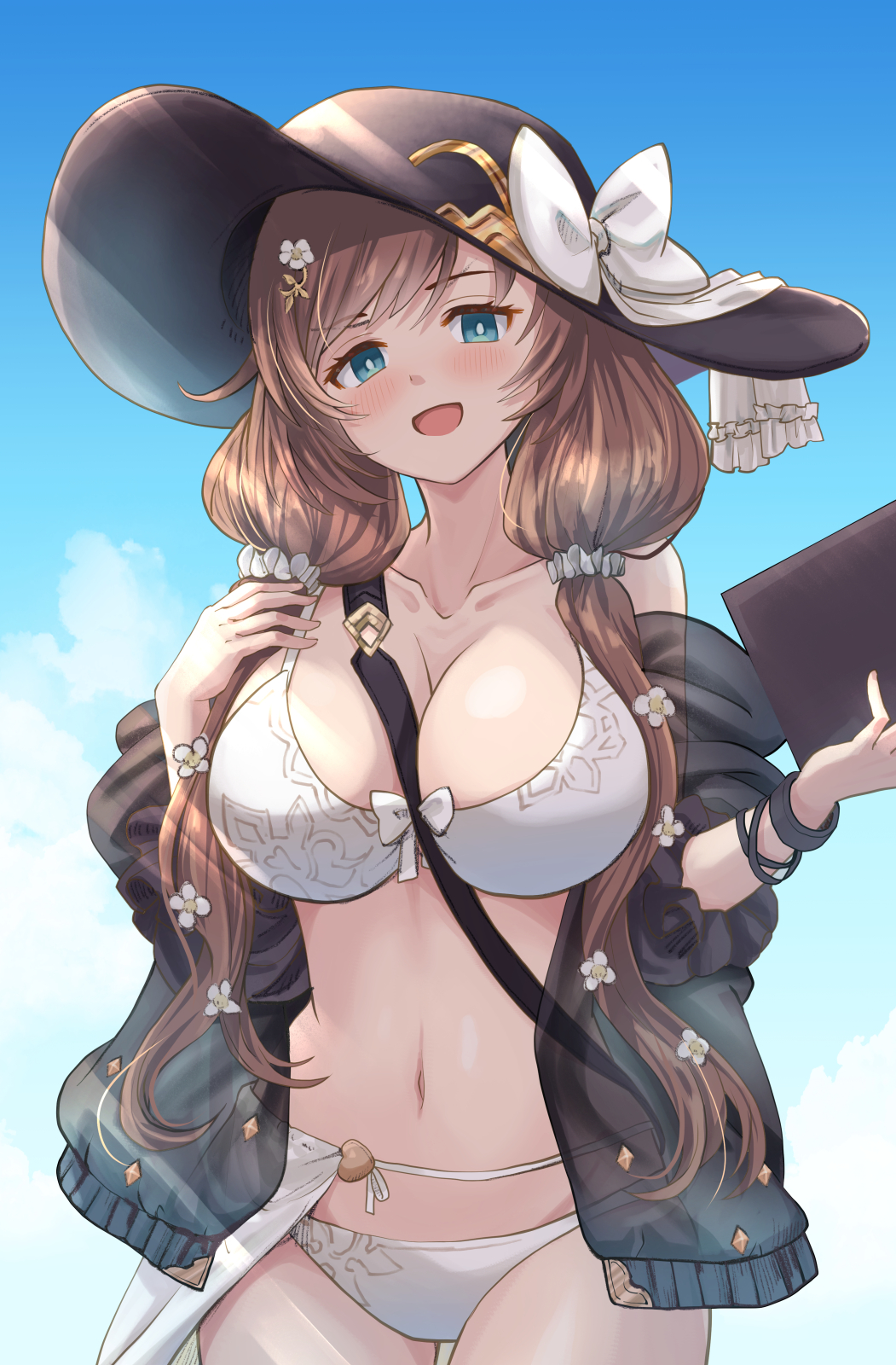 1girl between_breasts bikini black_hat blue_eyes blush book breasts brown_hair cleavage collarbone flower granblue_fantasy hair_between_eyes hair_flower hair_ornament hair_scrunchie haniwa_(leaf_garden) hat highres holding holding_book large_breasts looking_at_viewer midriff navel open_mouth raziel_(granblue_fantasy) raziel_(summer)_(granblue_fantasy) scrunchie smile solo strap strap_between_breasts sun_hat swimsuit thick_thighs thighs twintails white_bikini