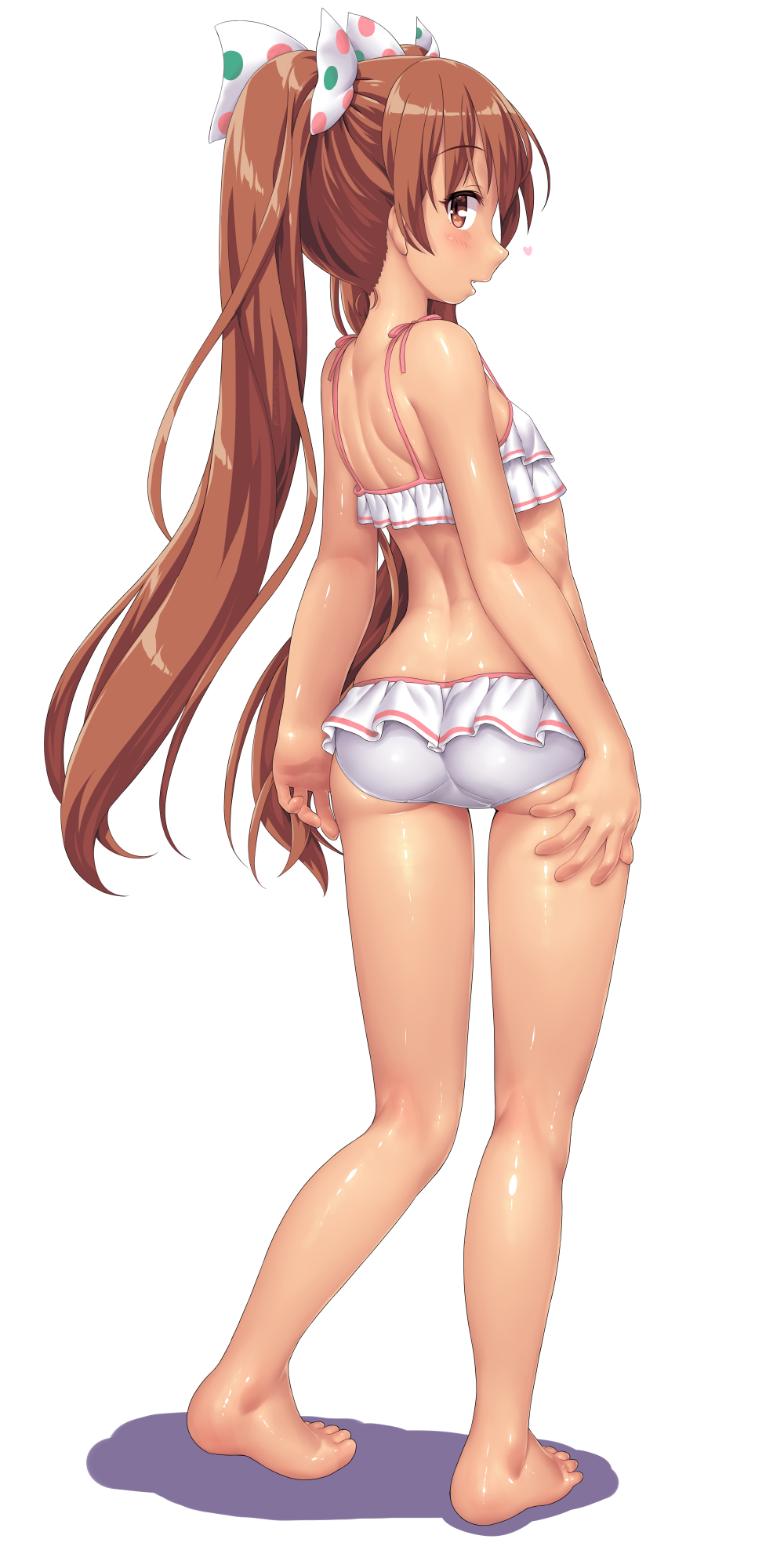 1girl ass bare_arms bare_legs bare_shoulders barefoot bikini blush brown_eyes brown_hair dd_(ijigendd) fang frilled_bikini frills full_body hair_ribbon heart highres kantai_collection libeccio_(kancolle) libeccio_(swimsuit)_(kancolle) long_hair official_alternate_costume open_mouth polka_dot polka_dot_ribbon profile ribbon simple_background solo standing swimsuit twintails white_background white_bikini white_ribbon