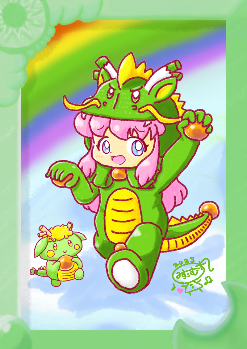 10s 1girl 2012 2023 20s animal_costume blue_eyes blush chinese_zodiac cloud crystal_ball dragon dragon_costume embarrassed green_pajamas happy_new_year heart holding_orb long_hair looking_at_viewer misukomu_plus musical_note new_year open_mouth original pajamas pink_hair rainbow sky smile standing year_of_the_dragon zodiac_girl_(misukomu_plus)