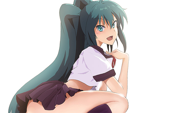1girl aqua_eyes aqua_hair female_focus hatsune_miku long_hair looking_at_viewer midriff open_mouth school_uniform shiika_sadamasa skirt solo twintails very_long_hair vocaloid