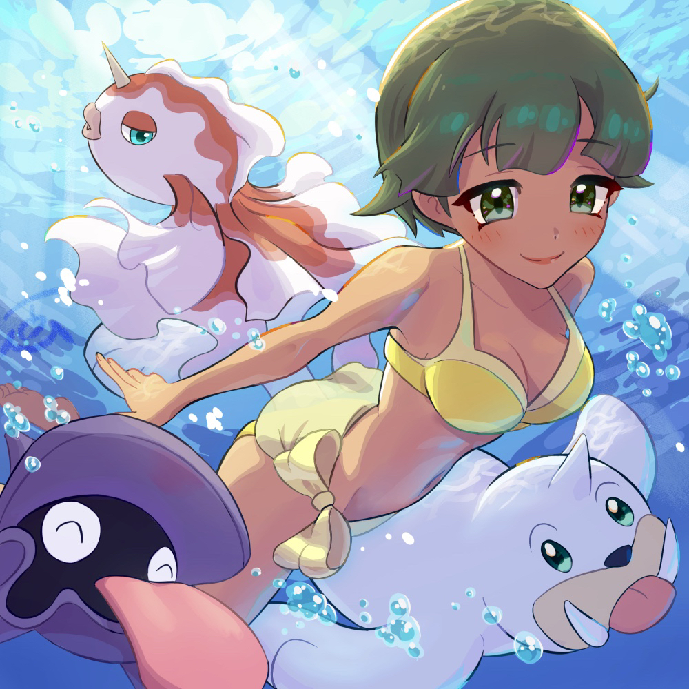 1girl air_bubble barefoot beauty_(pokemon) bikini blush breasts bubble cleavage closed_mouth collarbone commentary_request gen_1_pokemon goldeen green_eyes green_hair light_beam navel nintendo pokemon pokemon_(creature) pokemon_lgpe seel shellder short_hair smile swimming swimsuit toes tom_(pixiv10026189) underwater water_surface yellow_bikini