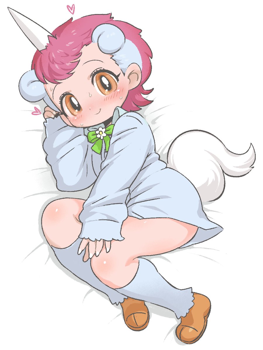 1girl bed blue_hair blush bow bowtie brown_eyes full_body heart highres horns kemono_friends kemono_friends_3 kuro_(kurojill) looking_at_viewer multicolored_hair pink_hair shirt shoes short_hair simple_background socks solo tail two-tone_hair unico unico_(kemono_friends)