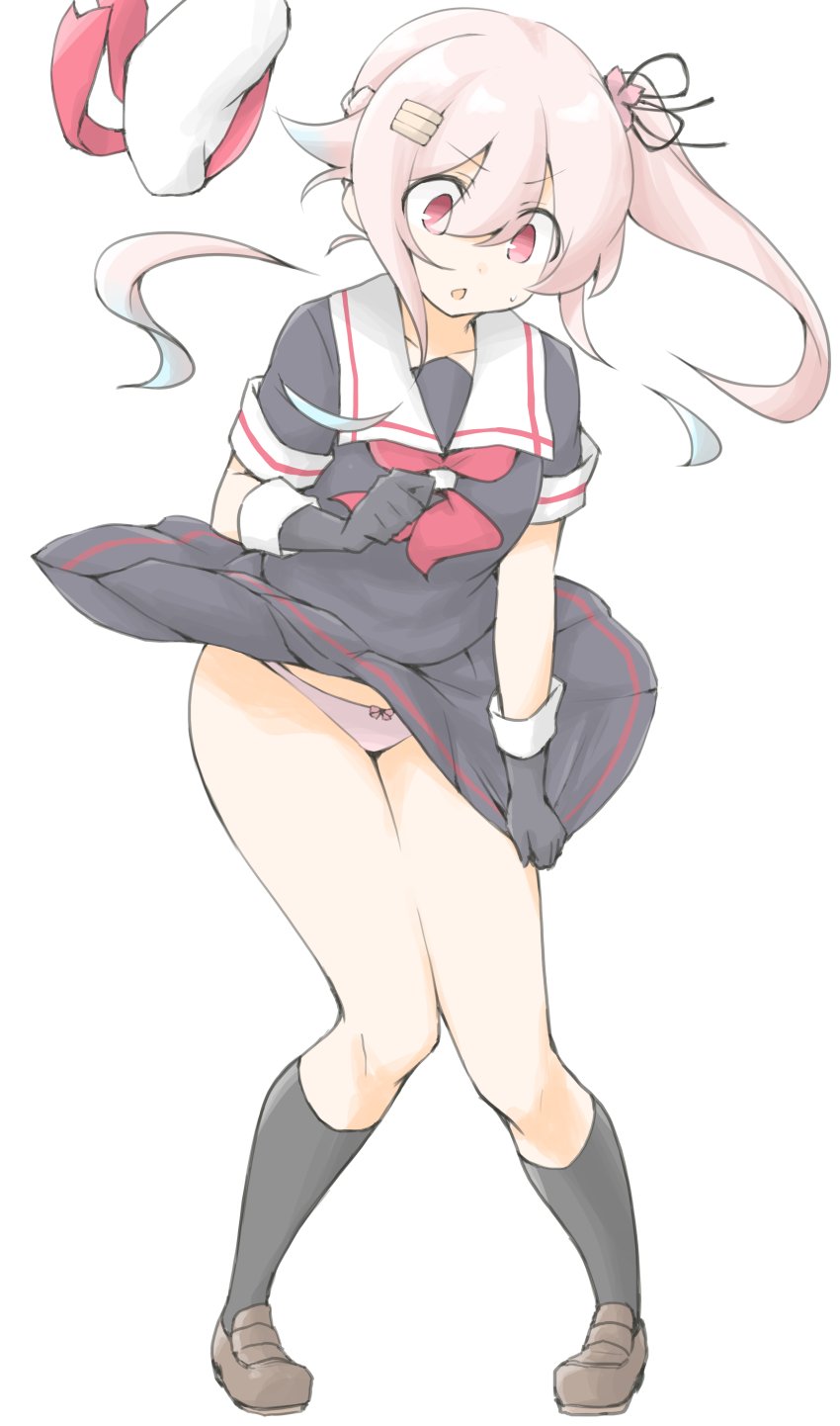 1girl akara_kai beret black_serafuku blue_hair blush clothes_lift full_body gradient_hair hair_flaps hair_ornament hair_ribbon harusame_(kancolle) hat highres kantai_collection long_hair multicolored_hair neckerchief open_mouth panties pantyshot pink_eyes pink_hair pink_panties pleated_skirt red_eyes red_neckerchief ribbon sailor_collar school_uniform serafuku side_ponytail skirt skirt_lift solo standing underwear unworn_headwear upskirt white_hat wind wind_lift