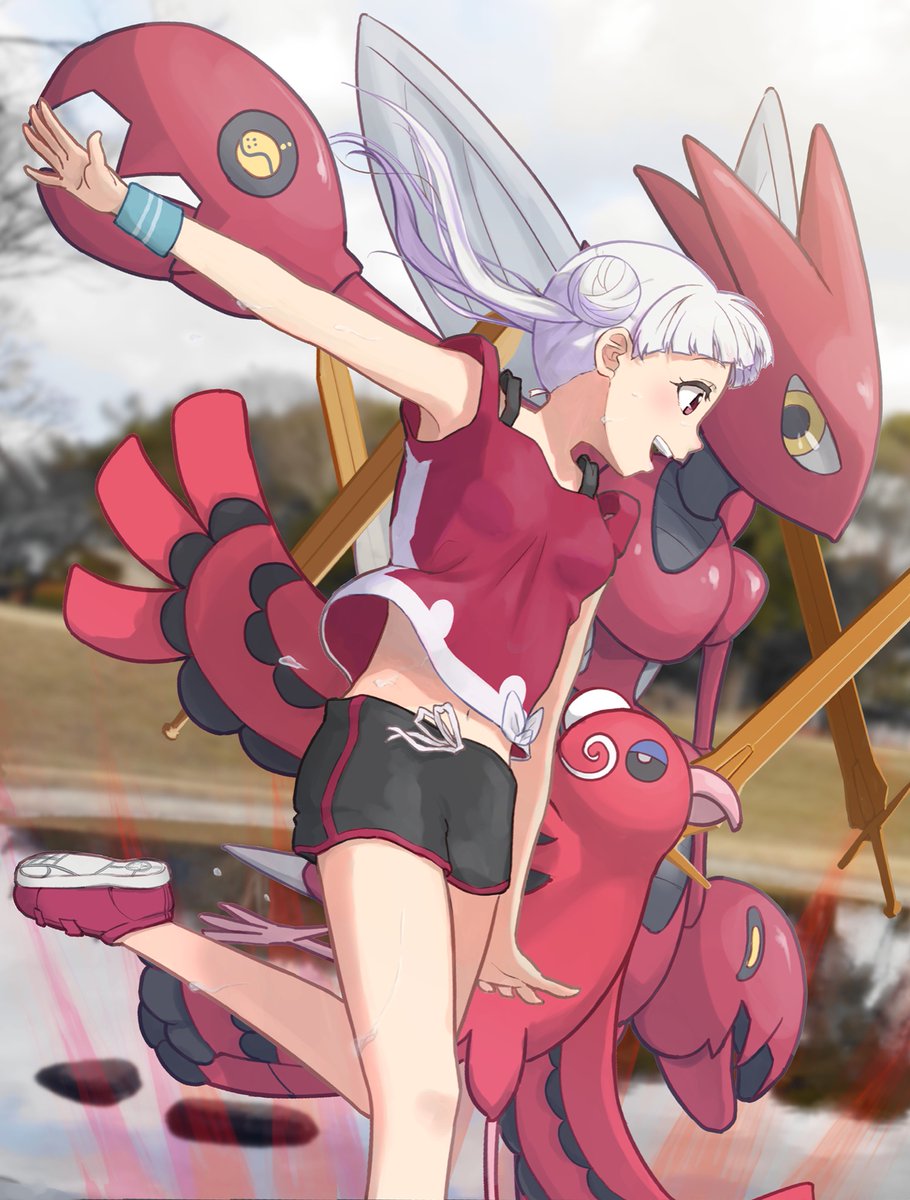 1girl arashi_chisato black_shorts blush breasts brown_eyes commentary_request crossover day eyelashes gen_2_pokemon gen_7_pokemon highres leg_up love_live! love_live!_superstar!! navel nintendo open_mouth orange-pengin oricorio oricorio_(baile) outdoors pokemon pokemon_(creature) red_footwear red_shirt scizor shirt shoes shorts sky sleeveless sleeveless_shirt smile swords_dance_(pokemon) teeth tied_shirt upper_teeth_only white_hair wristband