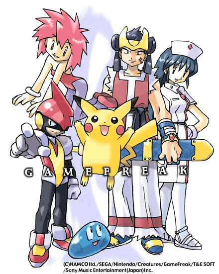 2boys 2girls :3 bare_shoulders black_hair bracelet bushi_seiryuuden:_futari_no_yuusha click_medic commentary company_connection company_name copyright_notice creator_connection cross crossover crown english_commentary gen_1_pokemon gloves hat hayama_misaki_(click_medic) jerry_(smart_ball) jewelry jin_(bushi_seiryuuden) leotard looking_at_another looking_at_viewer looking_down looking_up multiple_boys multiple_crossover multiple_girls nintendo nurse nurse_cap official_art open_mouth pantyhose pikachu pink_hair pointing pointing_at_viewer pokemon pokemon_(creature) pulseman pulseman_(character) purple_pantyhose quinty quinty_(character) red_cross red_leotard scabbard sheath simple_background smart_ball smile standing sugimori_ken sugimori_ken_(style) third-party_source white_background white_gloves white_hat