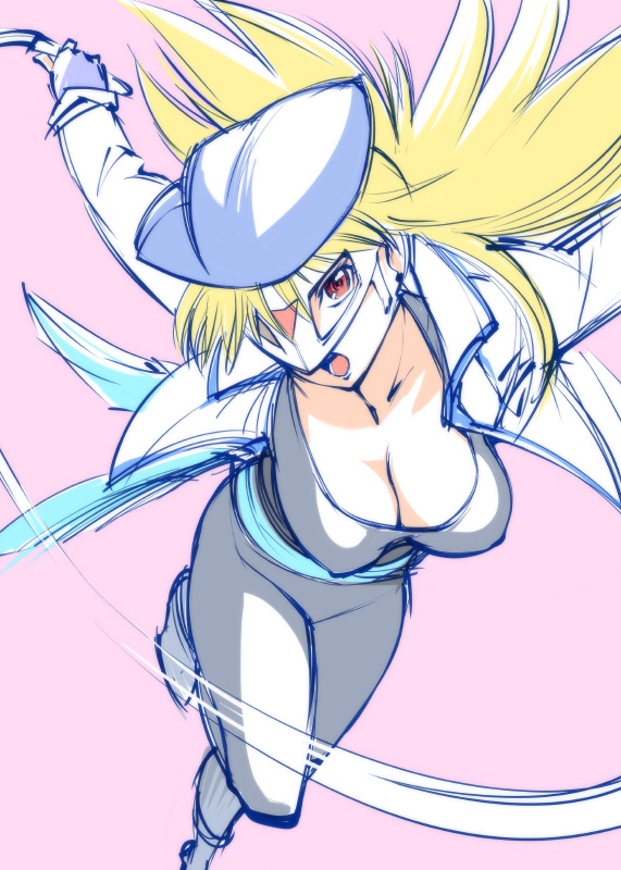 1girl blonde_hair breasts gear_senshi_dendou hat large_breasts mask pink_background solo vega_(dendoh)
