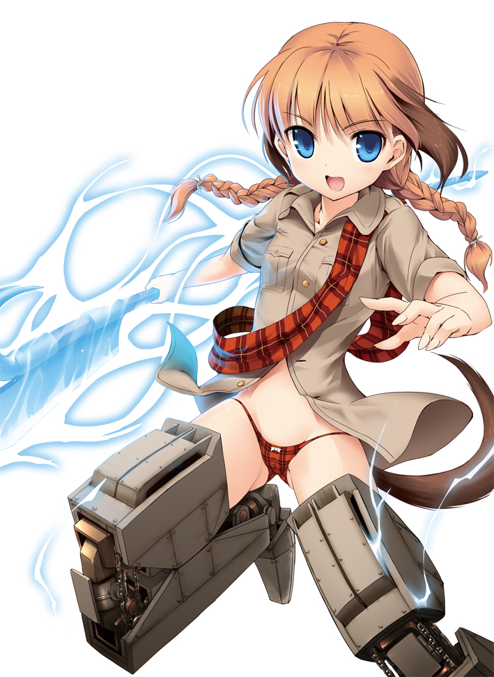 1girl amputee animal_ears blue_eyes bow braid brown_hair female_focus glowing hair_bow long_hair mecha_musume messy_(efuya) midriff military military_uniform multicolored_hair open_mouth orange_hair original panties plaid_clothes plaid_panties primrose_hyatt sash scotland smile solo strike_witches striker_unit sword tail twin_braids two-tone_hair underwear weapon world_witches_series