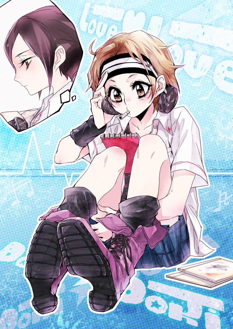 2girls ariu_aki bad_id bad_pixiv_id black_legwear boots brown_eyes brown_hair collarbone headphones heart koba_youka mouth_hold multiple_girls musical_note notepad object_behind_ear okujou_no_yurirei-san pen_behind_ear profile school_uniform sitting skirt socks speech_bubble star_(symbol) sweatband thought_bubble tima tomboy watch wristband wristwatch