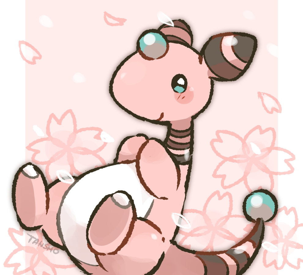 alternate_color ampharos artist_name blush closed_mouth colored_skin flower forehead_jewel gen_2_pokemon green_eyes nintendo no_humans petals pink_skin pokemon pokemon_(creature) shiny_pokemon smile solo tansho