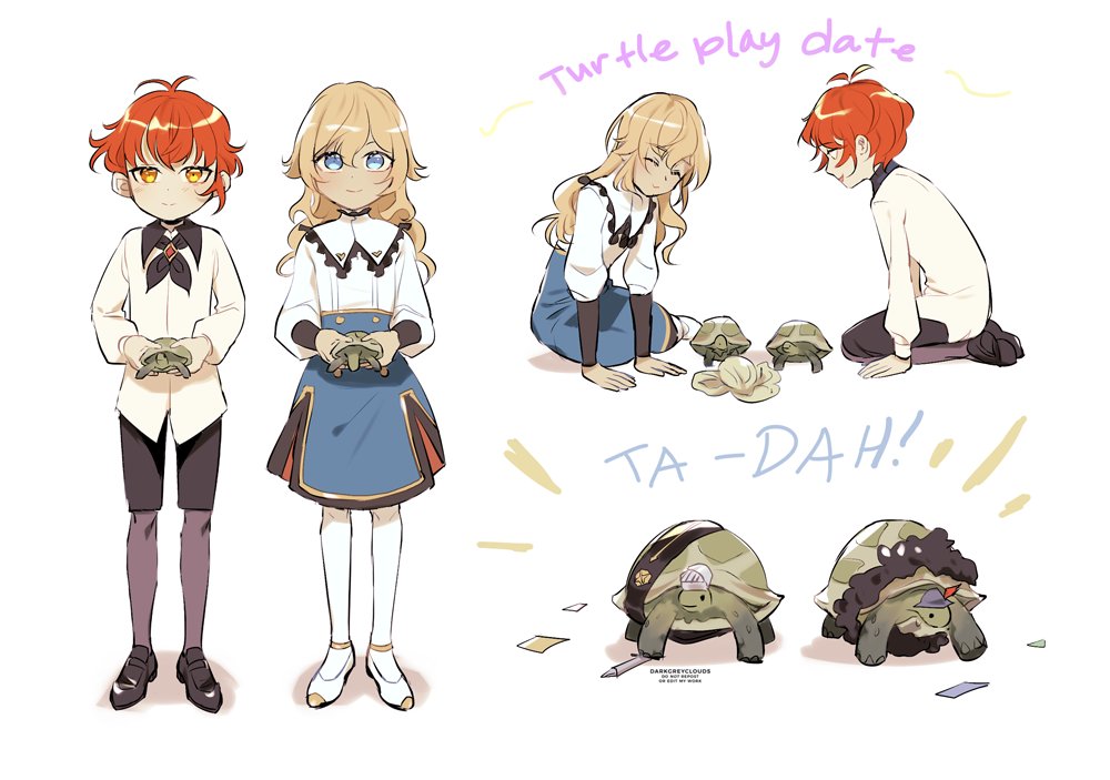 1boy 1girl aged_down animal artist_name black_neckerchief black_shorts black_socks blonde_hair blue_eyes blue_skirt closed_mouth commentary darkgreyclouds diluc_(genshin_impact) english_commentary english_text frills genshin_impact holding holding_animal jean_(genshin_impact) long_sleeves looking_at_viewer looking_down medium_hair multiple_views neckerchief red_hair shirt short_hair shorts simple_background sitting skirt smile socks tortoise turtle white_background white_footwear white_shirt white_socks yellow_eyes