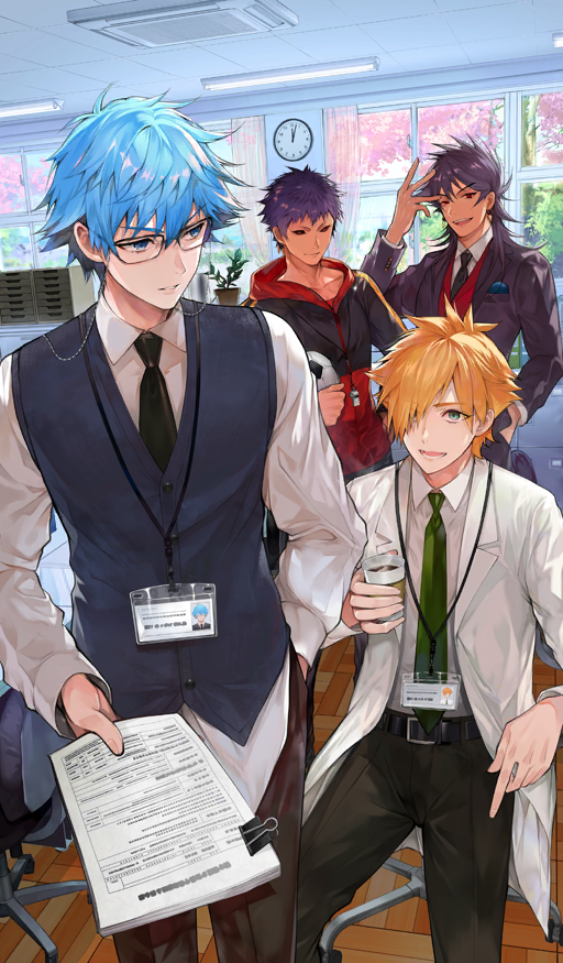 4boys analog_clock ball belt belt_buckle binder_clip black-framed_eyewear black_belt black_jacket black_necktie black_sclera blue_eyes blue_hair blue_vest brown_pants buckle buttons caligula_(fate) caligula_(supreme_place_of_learning)_(fate) clock closed_mouth coffee collarbone colored_sclera commentary cup dark-skinned_male dark_skin disposable_coffee_cup disposable_cup dress_shirt drink dutch_angle earrings eyewear_strap fate/grand_order fate_(series) glasses green_eyes green_necktie hair_over_one_eye hand_in_pocket hans_christian_andersen_(adult)_(fate) hans_christian_andersen_(fate) holding holding_ball holding_cup holding_paper hood hood_down hooded_jacket id_card indoors jacket jewelry lab_coat lanyard lapels long_hair long_sleeves male_focus multiple_boys necktie notched_lapels official_alternate_costume official_art open_clothes open_jacket open_mouth orange_hair pants paper paper_stack parted_lips purple_hair red_eyes red_hood red_vest robin_hood_(fate) romulus_quirinus_(fate) shirt shirt_tucked_in short_hair sitting smile soccer_ball standing steam suit_jacket tcb teeth third-party_source vest waistcoat wall_clock whistle whistle_around_neck white_shirt wing_collar