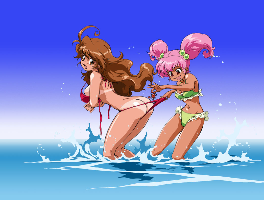 00s 2girls arisugawa_mayuko ass bikini blush breasts brown_hair butt_crack crab curvy female_focus hair_bobbles hair_ornament hanao_usagi happy iyashite_agerun_saiyuki large_breasts long_hair multiple_girls open_mouth pink_hair swimsuit tan tanline twintails uchida_yorihisa water wedgie