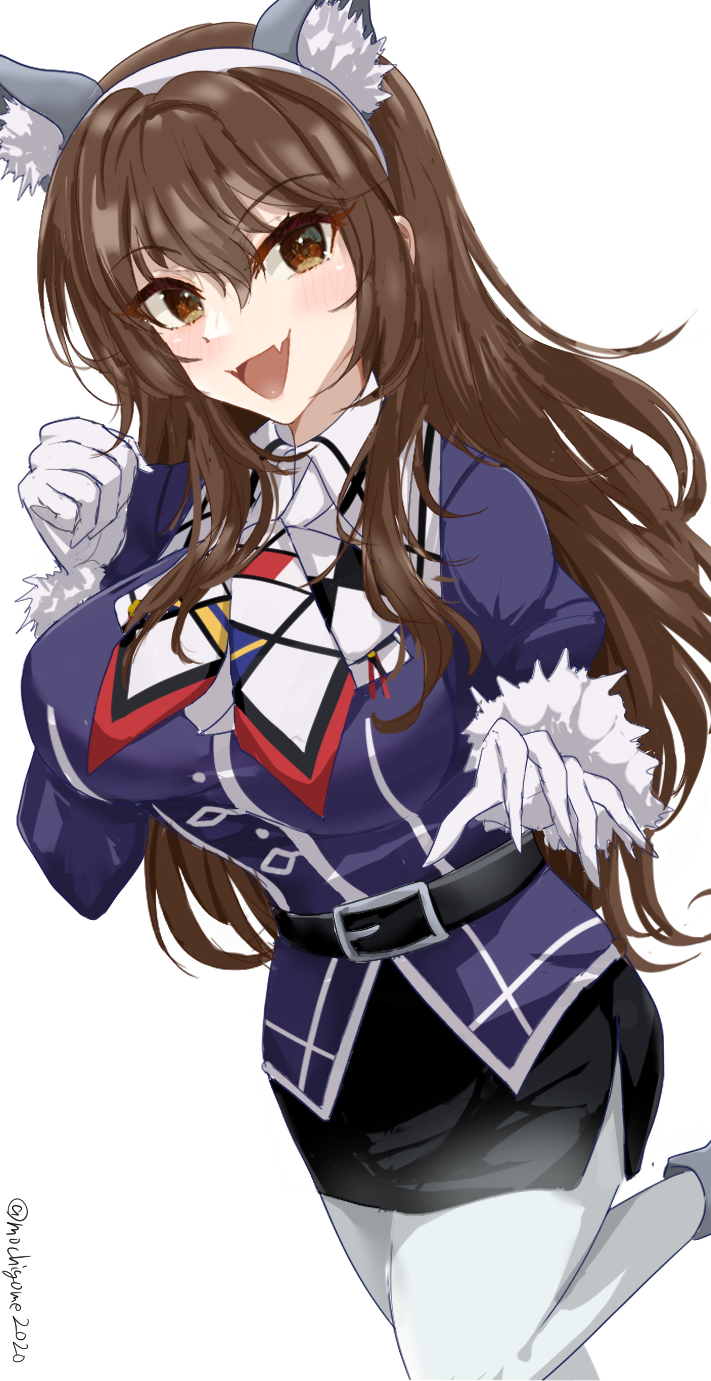 1girl animal_ears ascot ashigara_(kancolle) ashigara_kai_ni_(kancolle) blush breasts brown_eyes brown_hair chamumi_(mochiumee) cowboy_shot fake_animal_ears gloves hair_between_eyes hairband highres jacket kantai_collection large_breasts long_hair long_sleeves looking_at_viewer military_uniform multicolored_ascot multicolored_neckerchief neckerchief open_mouth pantyhose pencil_skirt print_neckerchief purple_jacket skirt solo standing standing_on_one_leg wavy_hair white_background white_gloves white_hairband white_pantyhose wolf_ears