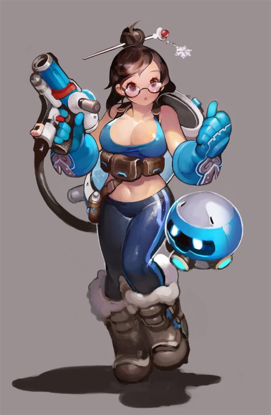 1girl :o akito1179 bare_shoulders beads belt belt_pouch black-framed_eyewear blizzard_(company) blue_gloves blue_legwear blue_shirt boots breasts brown_background brown_boots brown_eyes brown_hair canister canteen cleavage collarbone crop_top curvy drone elbow_gloves energy_gun eyelashes female_focus finger_on_trigger floating full_body fur-trimmed_boots fur_boots fur_trim glasses gloves groin gun hair_bun hair_ornament hair_stick hands_up holding holding_gun holding_weapon hose large_breasts leg_up legs_together machinery mei_(overwatch) midriff open_mouth overwatch overwatch_1 pants pouch ray_gun robot semi-rimless_eyewear shirt shoes short_hair sidelocks single_hair_bun sleeveless snow_boots snowball_(overwatch) snowflake_hair_ornament solo spiked_shoes spikes standing standing_on_one_leg strap under-rim_eyewear weapon yoga_pants